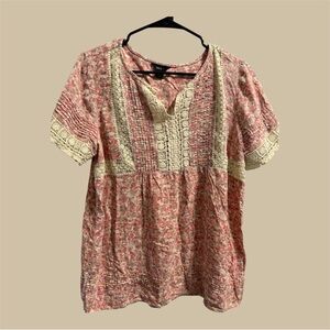 intro. Pink Floral Lace-Trim Peasant Bohemian Style Blouse size L